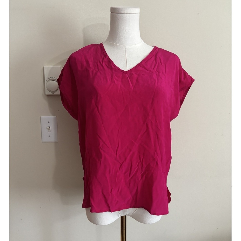 Vintage 80s 90s Hot Pink 100% Silk Blouse V Neck Womens Large Party Glam Funky